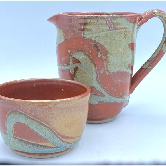 Hand Made Pottery Art Large Mug Pitcher With Small Matching Bowl /Cup - Picture 10 of 10